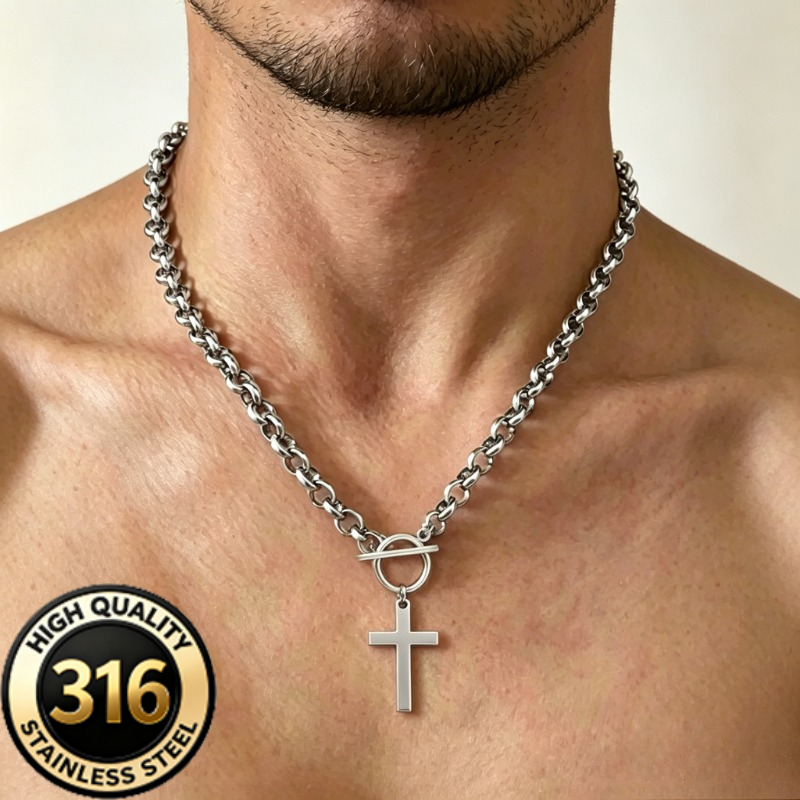 Unisex Stainless Steel Chunky Cross Pendant Necklace